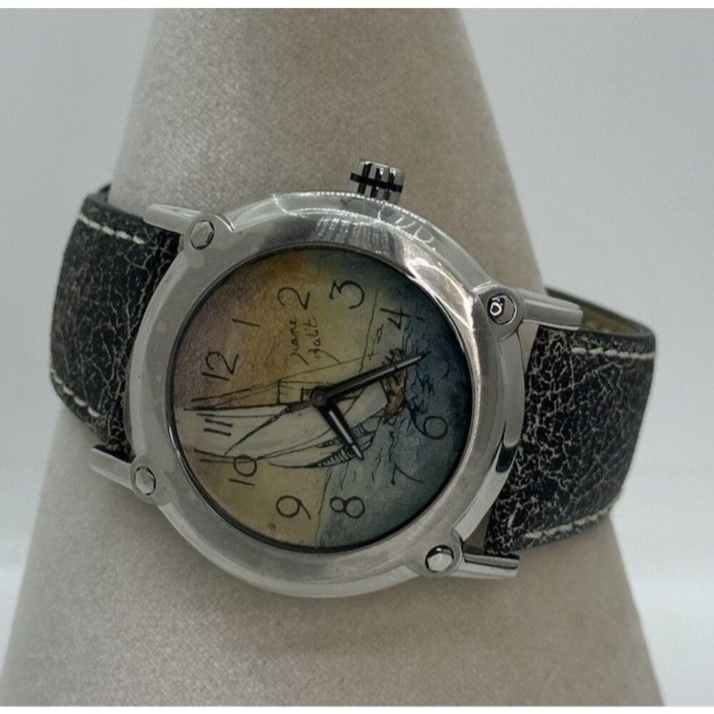 Diane Balit Hand Painted Sailboat Brown Leather Watch Needs Battery